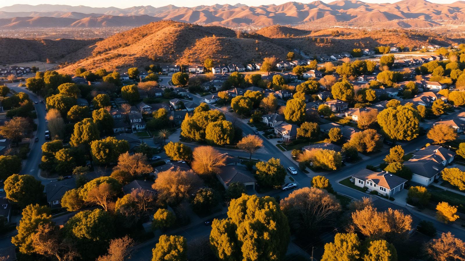 Placeholder — aerial view of a Southern California neighborhood at golden hour.